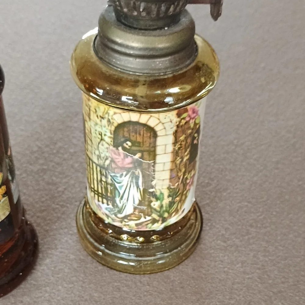 Vintage Amber and Pale Yellow Glass Mini Oil Lanterns with Religious Panels